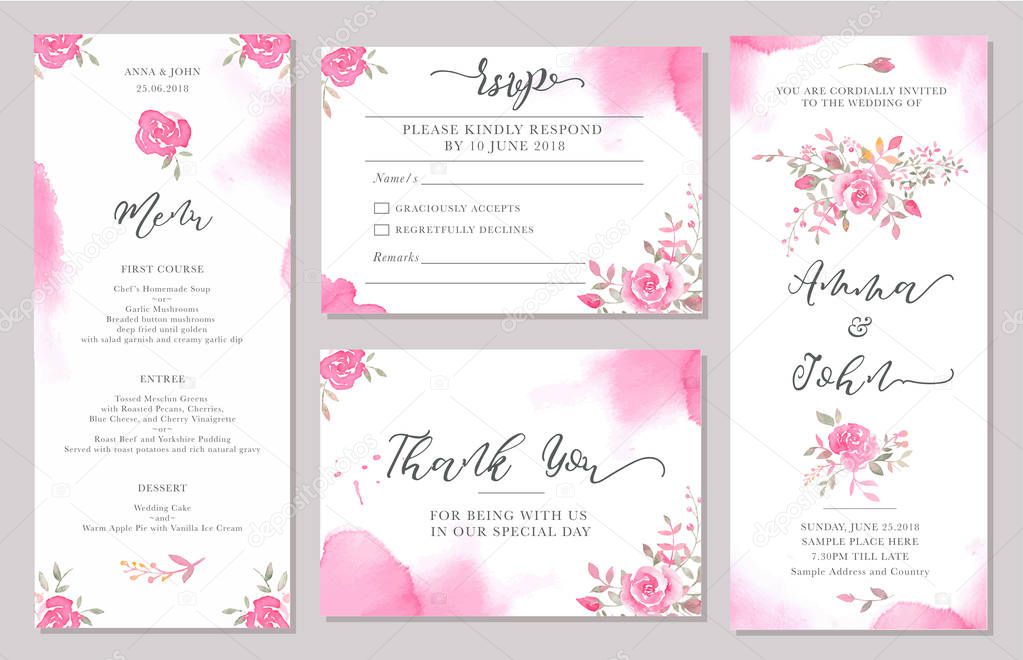 Set of wedding invitation card templates with watercolor rose flowers. Elegant romantic layout with pink roses and message for wedding greeting, Save the date cards, rsvp, menu, thank you