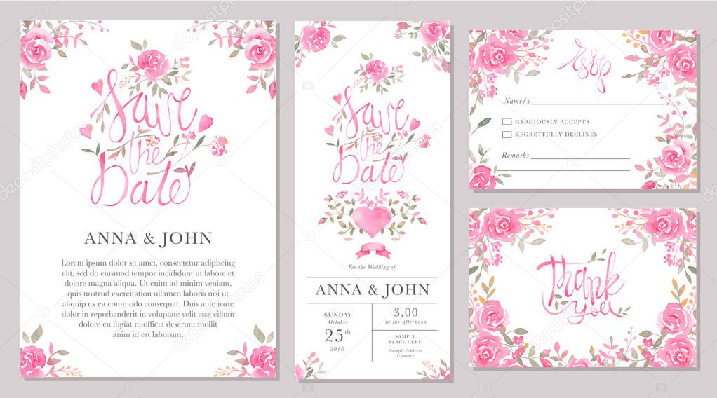 Set of wedding invitation card templates with watercolor rose flowers. Elegant romantic layout with pink roses and message for wedding greeting, Save the date cards, rsvp, thank you