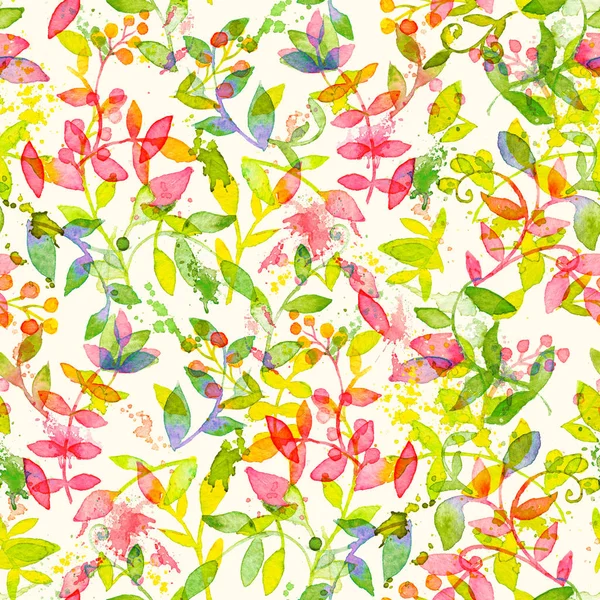 Happy and bright floral seamless pattern with hand drawn watercolor leaves amnd plants. Beautiful ornament for textile printing, wrapping paper, packaging etc