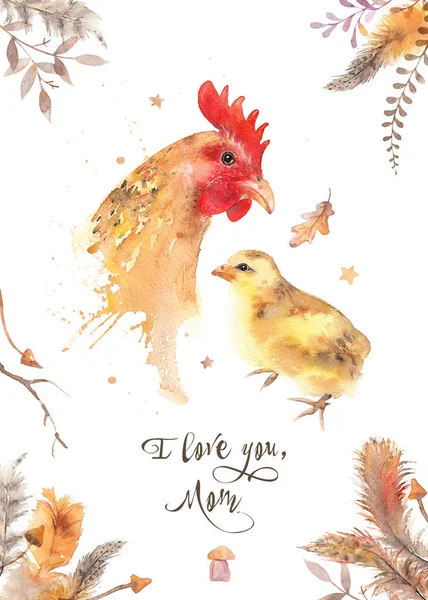 Amo Mãe Galinha Aquarela Cartão Convite Frango Ilustração Mãe Bebê — Fotografia de Stock