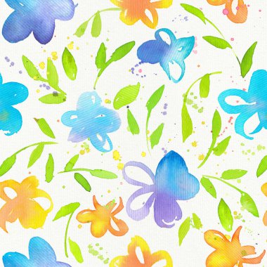 Mutlu ve parlak çiçek seamless modeli el çekilmiş suluboya çiçek ve yaprakları. Tekstil baskı, kağıt, ambalaj için güzel süsleme ambalaj vb