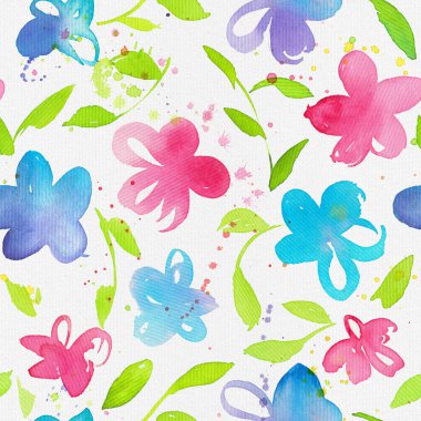 Mutlu ve parlak çiçek seamless modeli el çekilmiş suluboya çiçek ve yaprakları. Tekstil baskı, kağıt, ambalaj için güzel süsleme ambalaj vb