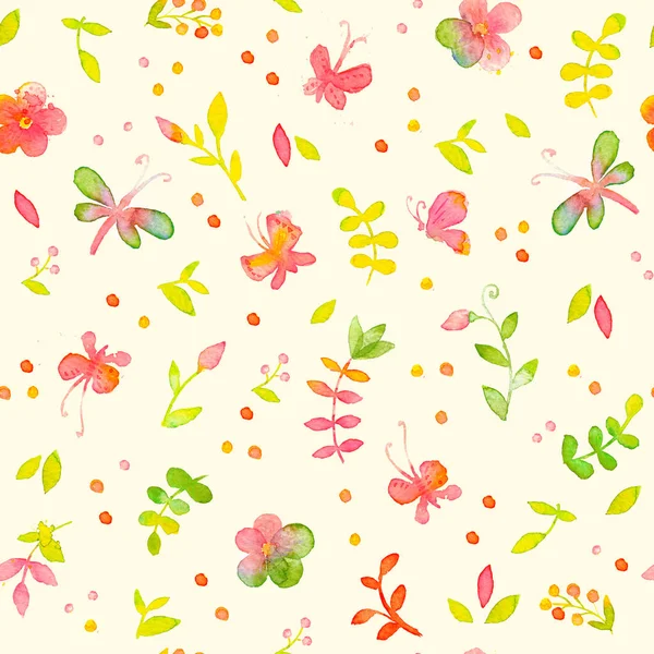 Šťastné Světlé Květinový Vzor Bezešvé Ručně Tažené Akvarel Květy Listy — Stock fotografie