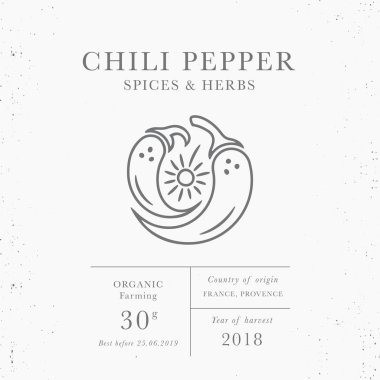 Biber - tasarım şablonu ambalaj amblem. Taze yerel otlar koleksiyonu. Organik baharat - dokulu beyaz arka plan üzerinde izole trendy lineer tarzda logosu