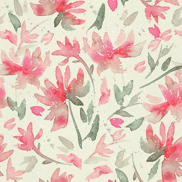 Hand drawn seamless pattern with watercolor loose flowers. Expressive floral background with abstract pink flowers and green leaves. Vintage background