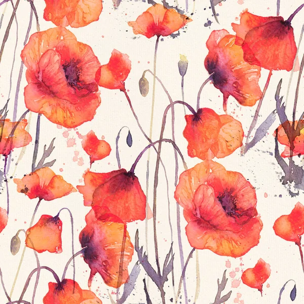 Watercolor seamless pattern with wild red poppies. Vintage light yellow toning, desaturated tints. Surface design for interior decoration, textile printing, printed issues, invitation cards