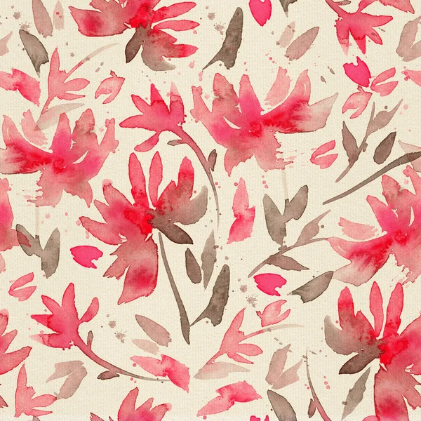 Hand drawn seamless pattern with watercolor loose flowers. Expressive floral background with abstract red flowers and green leaves. Vintage background
