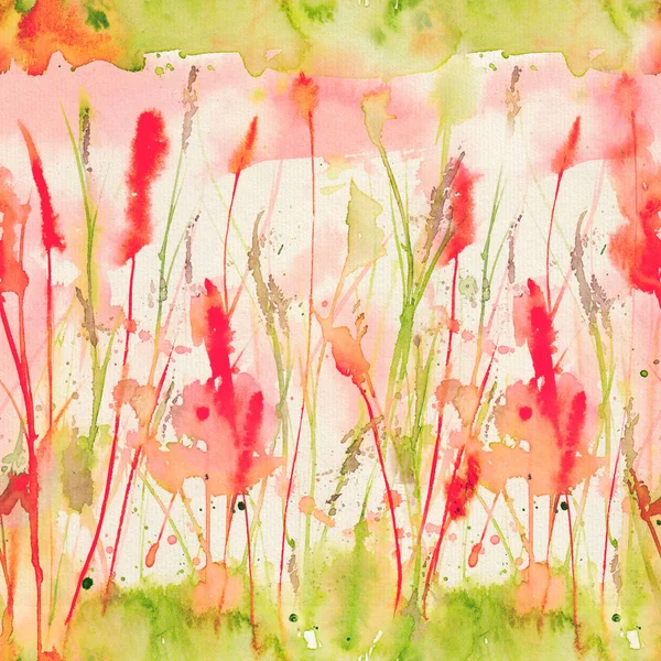 Happy and bright summer floral seamless pattern with hand drawn watercolor flowers and leaves. Green and red combinaton. Loose painting design a for textile printing, wrapping paper, packaging etc