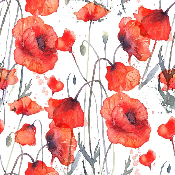 Watercolor seamless pattern with wild red poppies on white background. Surface design for interior decoration, textile printing, printed issues, invitation cards