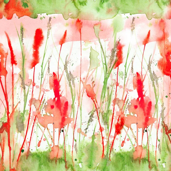 Happy and bright summer floral seamless pattern with hand drawn watercolor flowers and leaves. Green and red combinaton. Loose painting design a for textile printing, wrapping paper, packaging etc