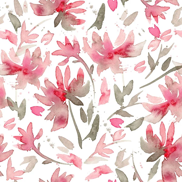 Hand drawn seamless pattern with watercolor loose flowers. Expressive floral background with abstract pink flowers and green leaves on a white background.