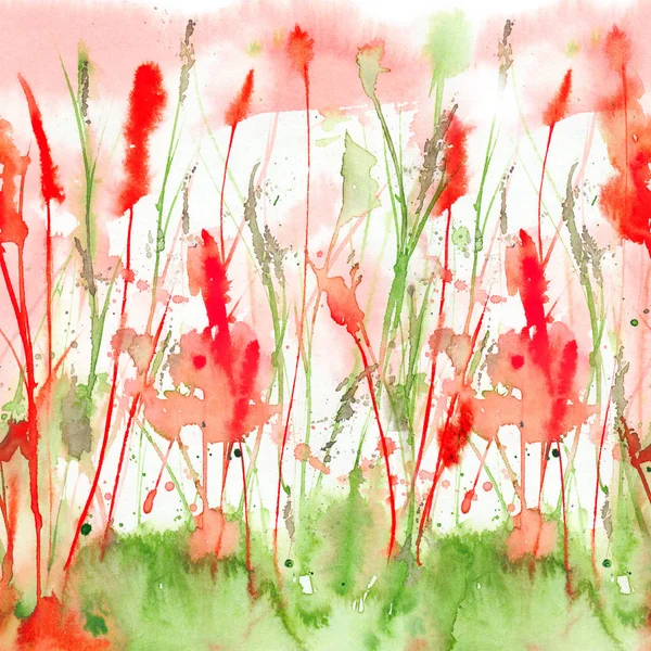 Happy and bright summer floral seamless pattern with hand drawn watercolor flowers and leaves. Green and red combinaton. Loose painting design a for textile printing, wrapping paper, packaging etc