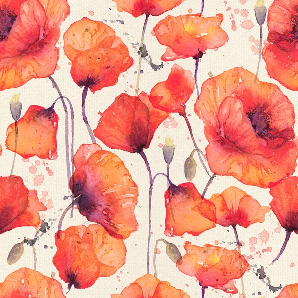 Watercolor seamless pattern with wild red poppies. Vintage light yellow toning, desaturated tints. Surface design for interior decoration, textile printing, printed issues, invitation cards