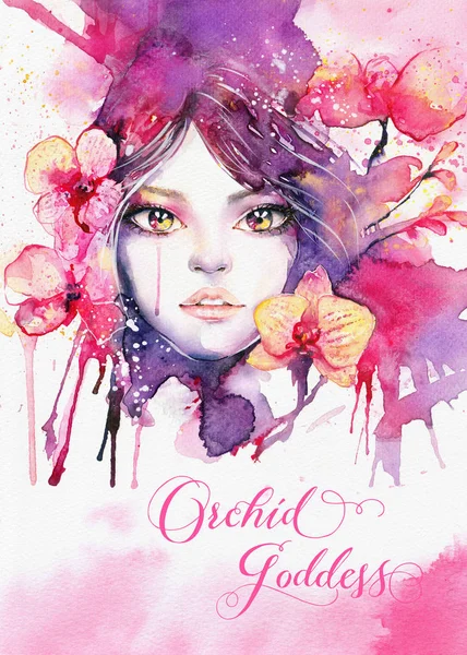 Orchid goddess - Greeting card template with watercolor beautiful woman and pink orchid flowers. Elegant layout, fashion illustration and message for birthday, holiday, thank you cards