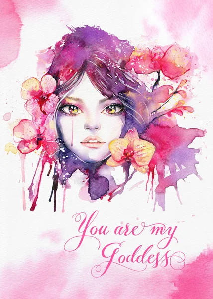Jesteś Moją Boginią Szablon Kartki Okolicznościowej Akwarela Piękna Kobieta Różowe — Zdjęcie stockowe