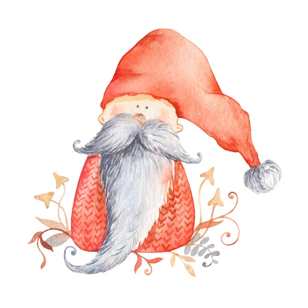 Weihnachtszwerg Mit Langem Bart Und Roter Zipfelmütze Weihnachtsillustration Für Winterpostkarte — Stockfoto