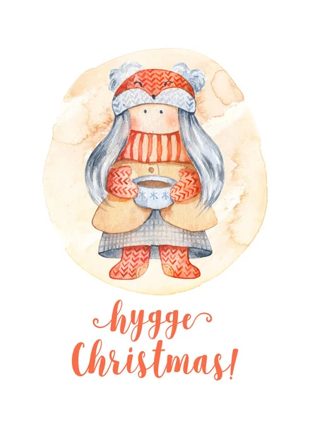 かわいい漫画のキャラクター フォクシー帽子 お茶のカップを持つ少女とクリスマスのグリーティング カード 雪の結晶のスカンジナビアまたはキリスト教の文字の冬 Postard イラスト Hygge クリスマス — ストック写真