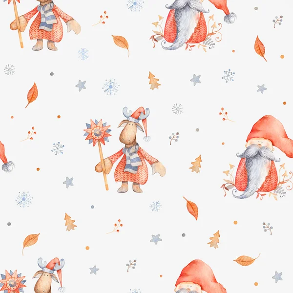 かわいい漫画のキャラクター クリスマス ムースと長いひげと赤い帽子と Gnome とクリスマス シームレス張りつけた 冬のスカンジナビア文字 雪や花の装飾された包装用紙 — ストック写真