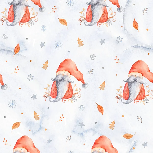 かわいい漫画のキャラクター 長いひげと赤い帽子とクリスマス Gnome とクリスマス シームレス張りつけた 冬のスカンジナビア文字 雪や花の装飾された包装用紙 — ストック写真