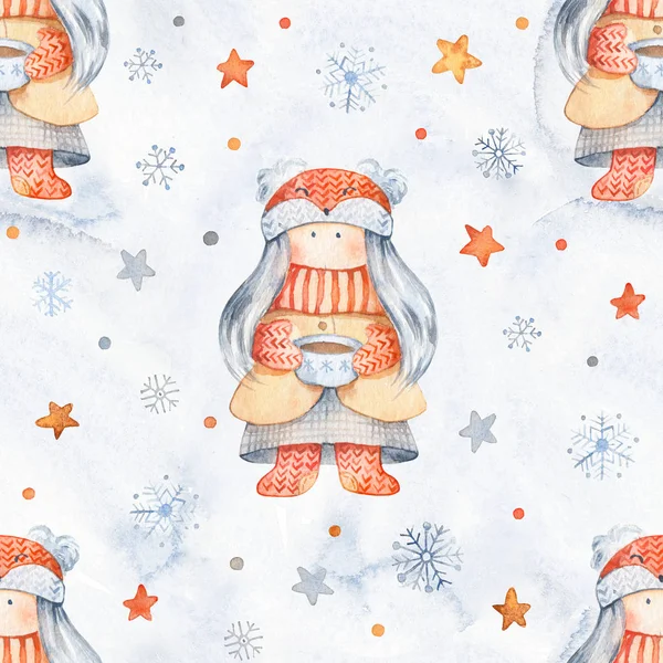 Boże Narodzenie Bezszwowe Patternd Ładna Postaciami Kreskówek Mała Dziewczynka Wuth — Zdjęcie stockowe