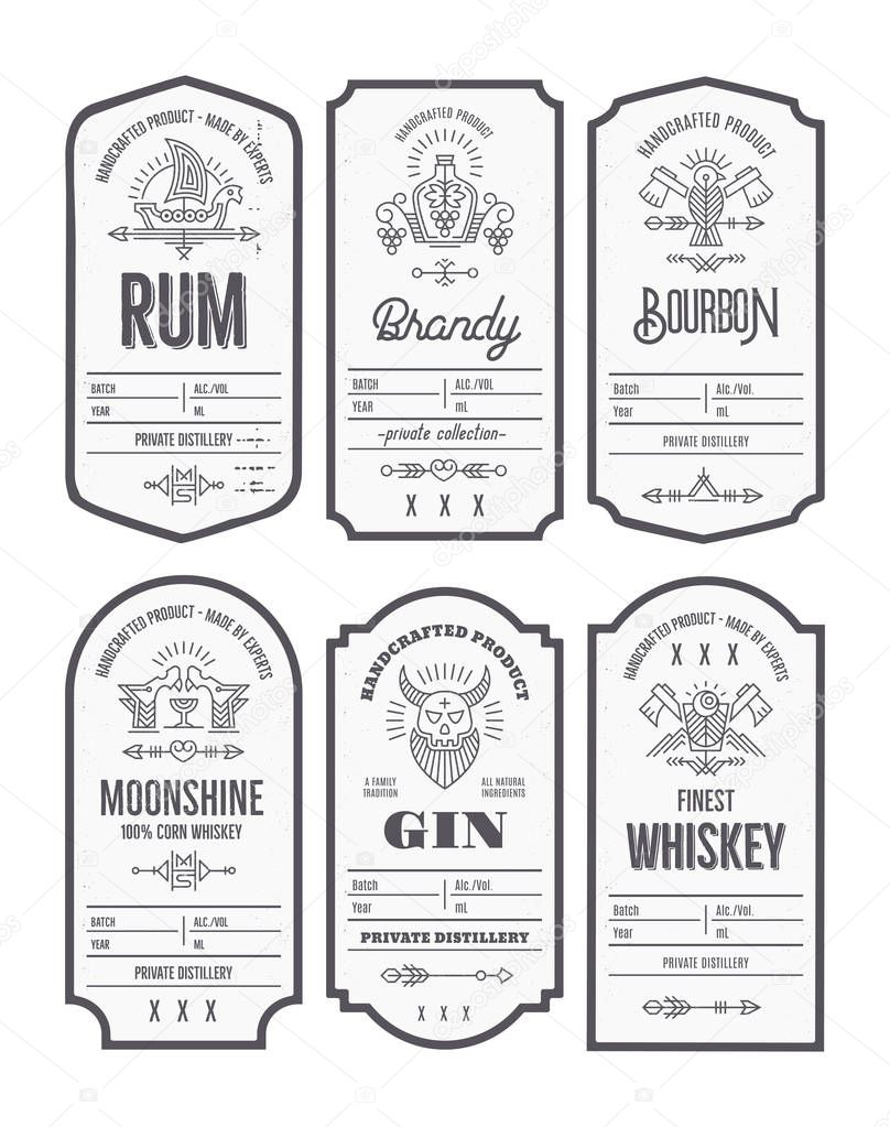 Set of vintage bottle label design with ethnic elements in thin line style. Alcohol industry emblem, distilling business. Monochrome, black on white. Editable text