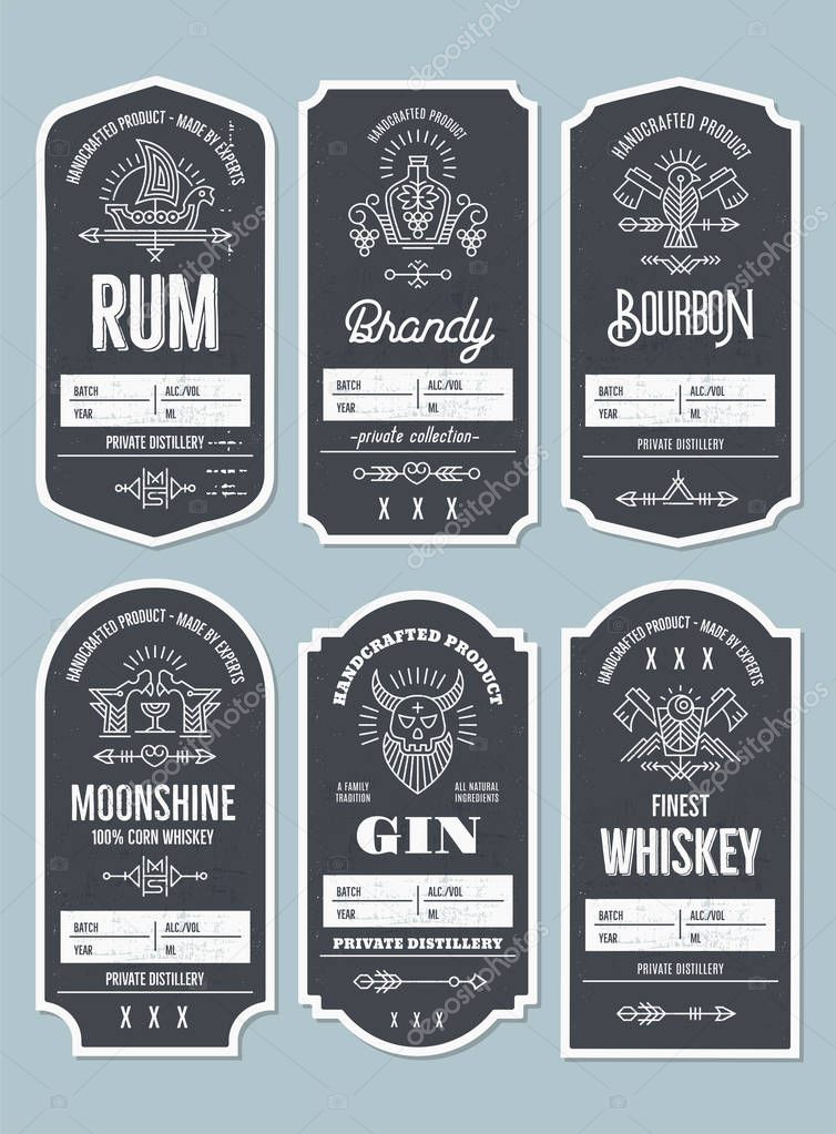 Set of vintage bottle label design with ethnic elements in thin line style. Alcohol industry emblem, distilling business. Monochrome, black on white. Place for text
