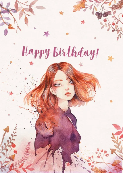 Watercolor Greeting post card layout with boho ginger girl - happy birthday post card.