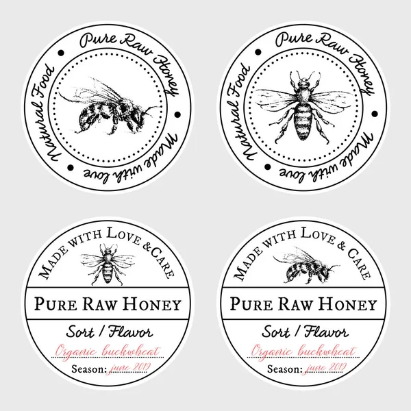 Set von Vektorkarten-Vorlagen mit Honigbiene - runde Deckeletiketten o — Stockvektor