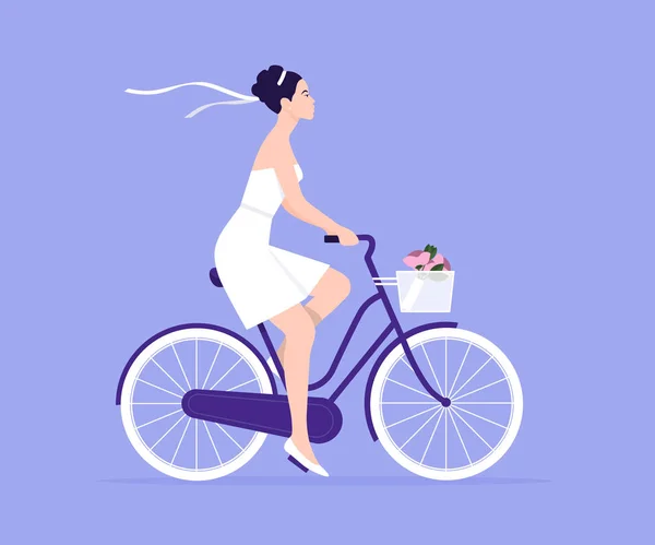 Flickan Rider Cykel Bruden Vila Och Semester Bröllop Hälsosam Livsstil — Stock vektor