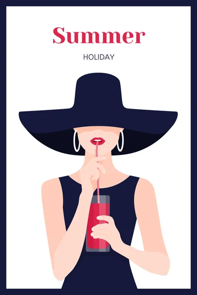一个美丽的女人的肖像 一个女孩用吸管喝果汁 在度假村休息 矢量平图 — 图库矢量图片