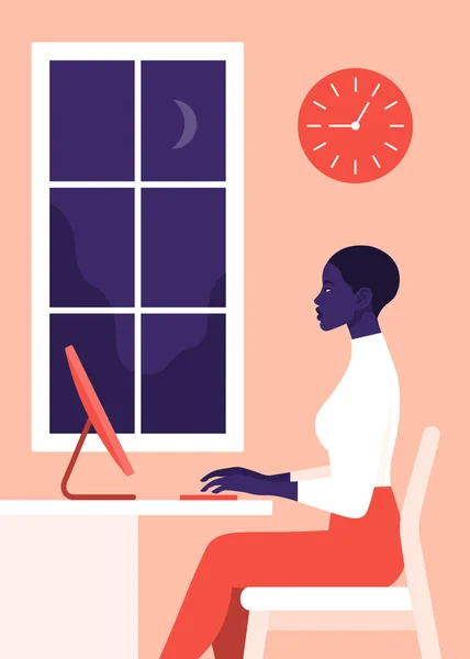 Kız Ofiste Çalışmak Kadın Profili Sit Odasında Geceler Vektör Düz — Stok Vektör