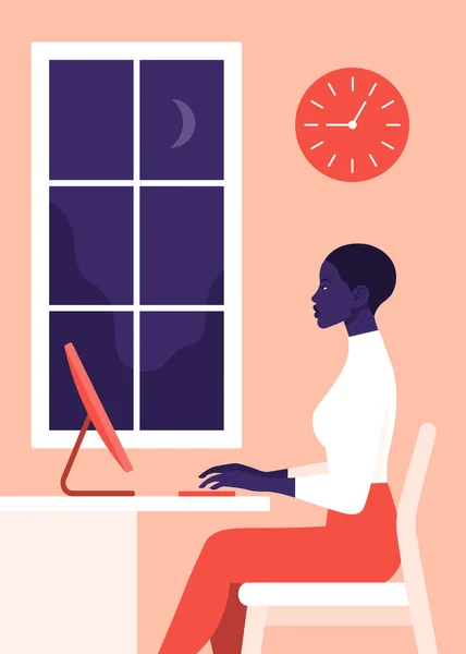 Girl Work Office Woman Profile Sit Room Night Vector Flat — Stock Vector