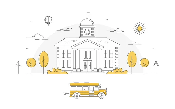 Возвращайся Школу Здание Деревьями Желтым Автобусом Линейная Векторная Иллюстрация Плакат — стоковый вектор