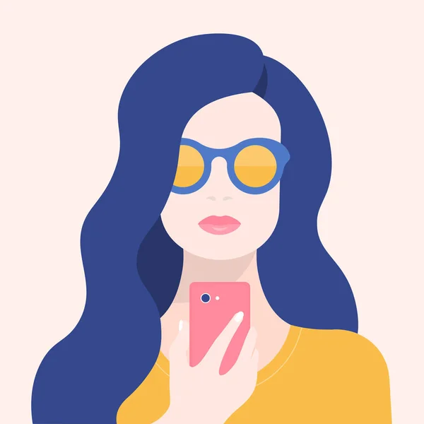 Retrato Una Mujer Con Teléfono Adicción Teléfono Inteligente Internet Redes — Vector de stock