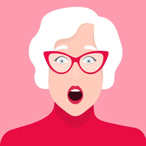 Portrait Elderly Woman Glasses Shock Surprise Emotions Pensioner Vector Flat — Stock Vector