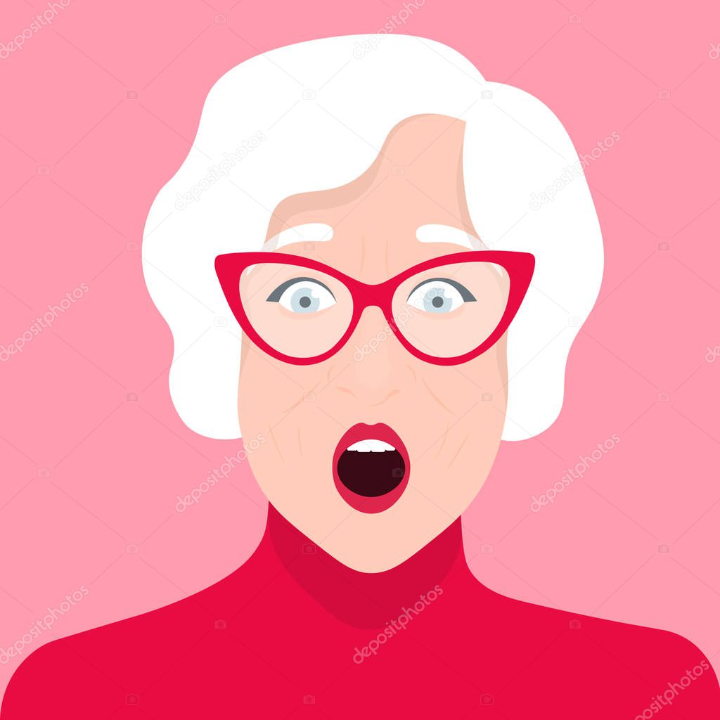 Portrait of an elderly woman with glasses. Shock and surprise. Emotions. Pensioner. Vector flat illustration