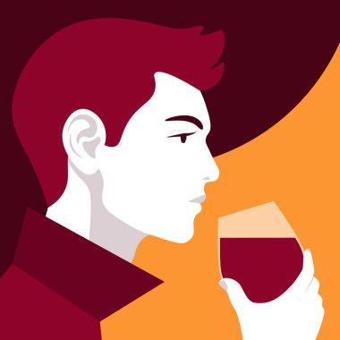 Bir kadeh şarap ile erkek profili. Bir sommelier portresi. Şarap yapımı vektör düz çizim