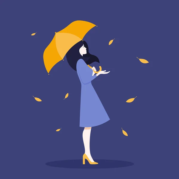Woman Full Growth Standing Umbrella Profile Girl Autumn Vector Flat — Stock Vector