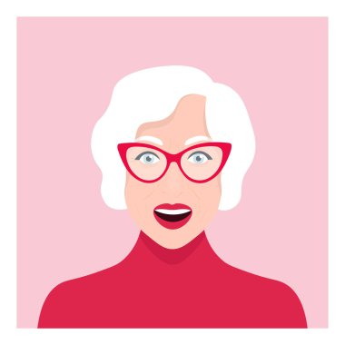 Mutlu büyükanne. Yaşlı kadın. Bir adam portresi. Etkin yaşlılık. Vektör düz çizim