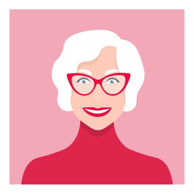 Mutlu yaşlı kadın. Bir adam portresi. Büyükanne. Vektör düz çizim