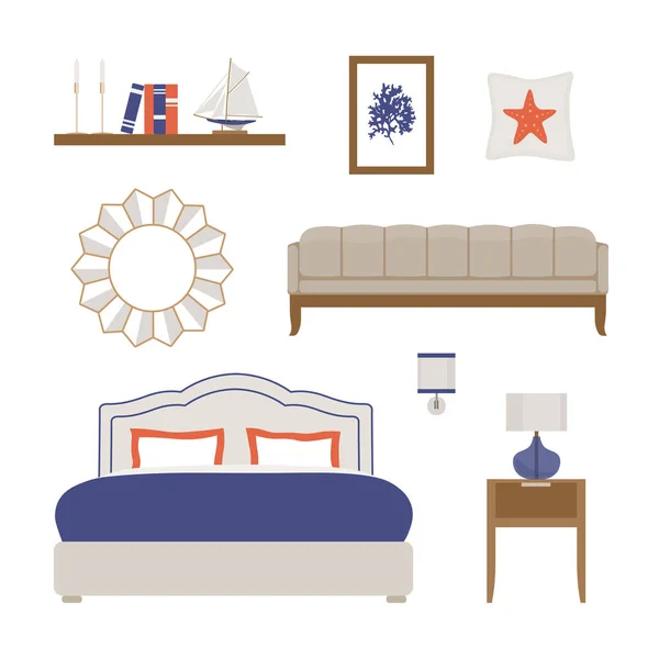 寝室のインテリア 家具やマリン スタイルの装飾のセット ベクトル フラット図 — ストックベクタ