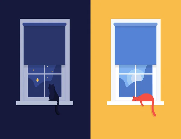 昼と夜の窓 座っているし 窓辺に眠る ベクトル フラット図 — ストックベクタ
