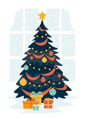 Noel ağacı bir pencere ve kar yağışı çerçevede oda iç. Yeni yıl. Vektör düz çizim