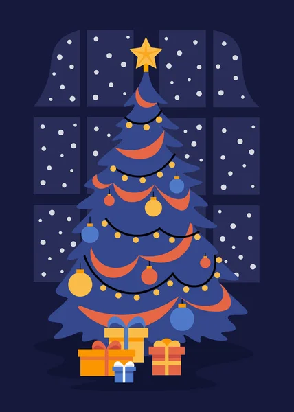 Christmas Tree Dark Room Night New Year Snow Window Holiday — Stock Vector