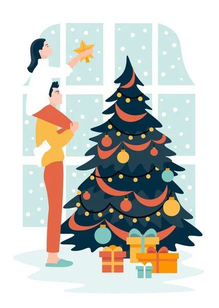 Tipo Chica Decoran Árbol Navidad Mujer Sentada Sobre Los Hombros — Archivo Imágenes Vectoriales