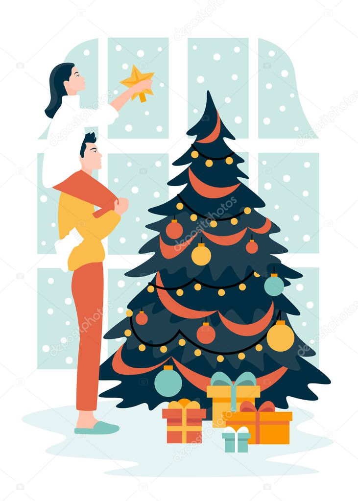 The guy and the girl decorate the Christmas tree. Woman sitting on a man's shoulders. New Year's interior. It is snowing outside the window. Vector flat illustration