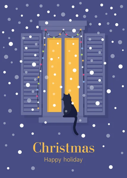 Δείτε Μέσα Από Παράθυρο Από Δρόμο Χιονόπτωση Χριστουγεννιάτικη Κάρτα Νέο — Διανυσματικό Αρχείο
