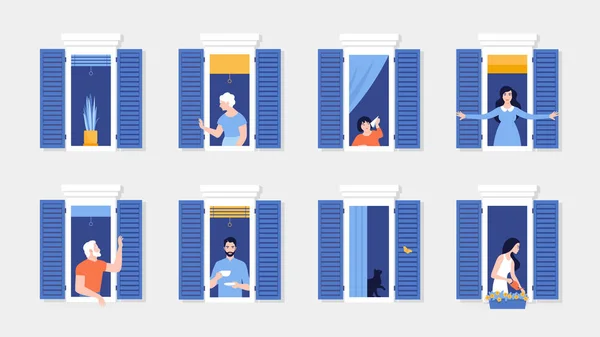 Gente Marcos Ventanas Vecinos Que Viven Apartamentos Fachada Casa Ilustración — Vector de stock