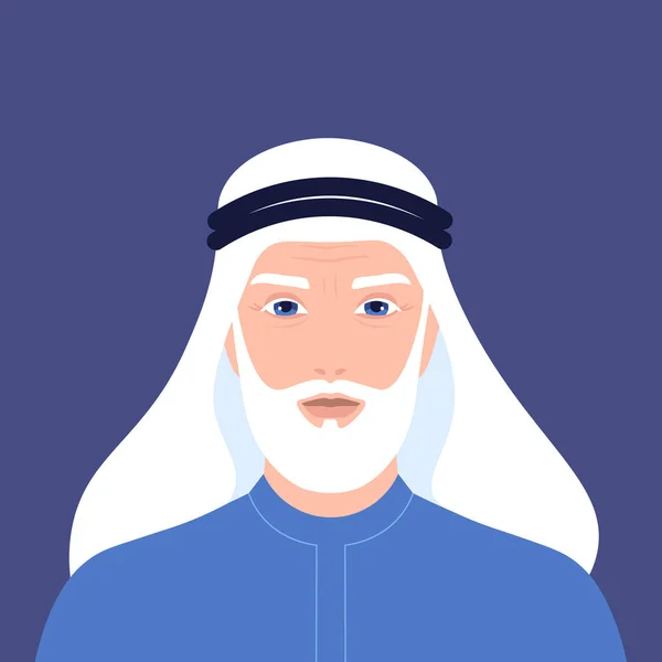ひげを持つ高齢者のアラブ人の肖像画 退職者 祖父は国民服と頭に被るもの ベクトル フラット図 — ストックベクタ