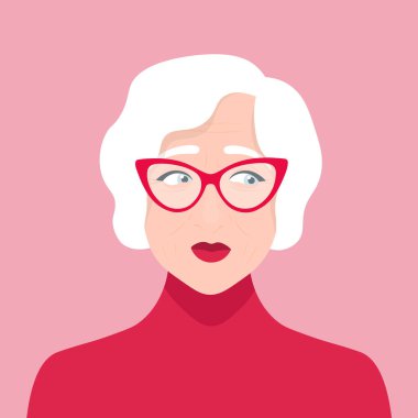 Yaşlı kadın şüphelerini. Bir büyükannenin portresi. Kararsız. Vektör düz illüstrasyon